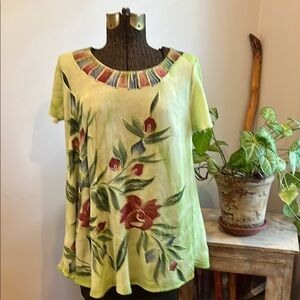 Floral Green Embroidered Women's Top Relaxed Fit One Size